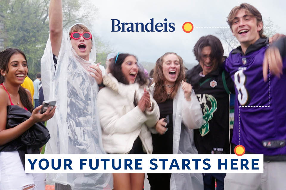 Students gathered in a dining hall socializing and looking at a computer. Text reads: Start your Brandeis story.