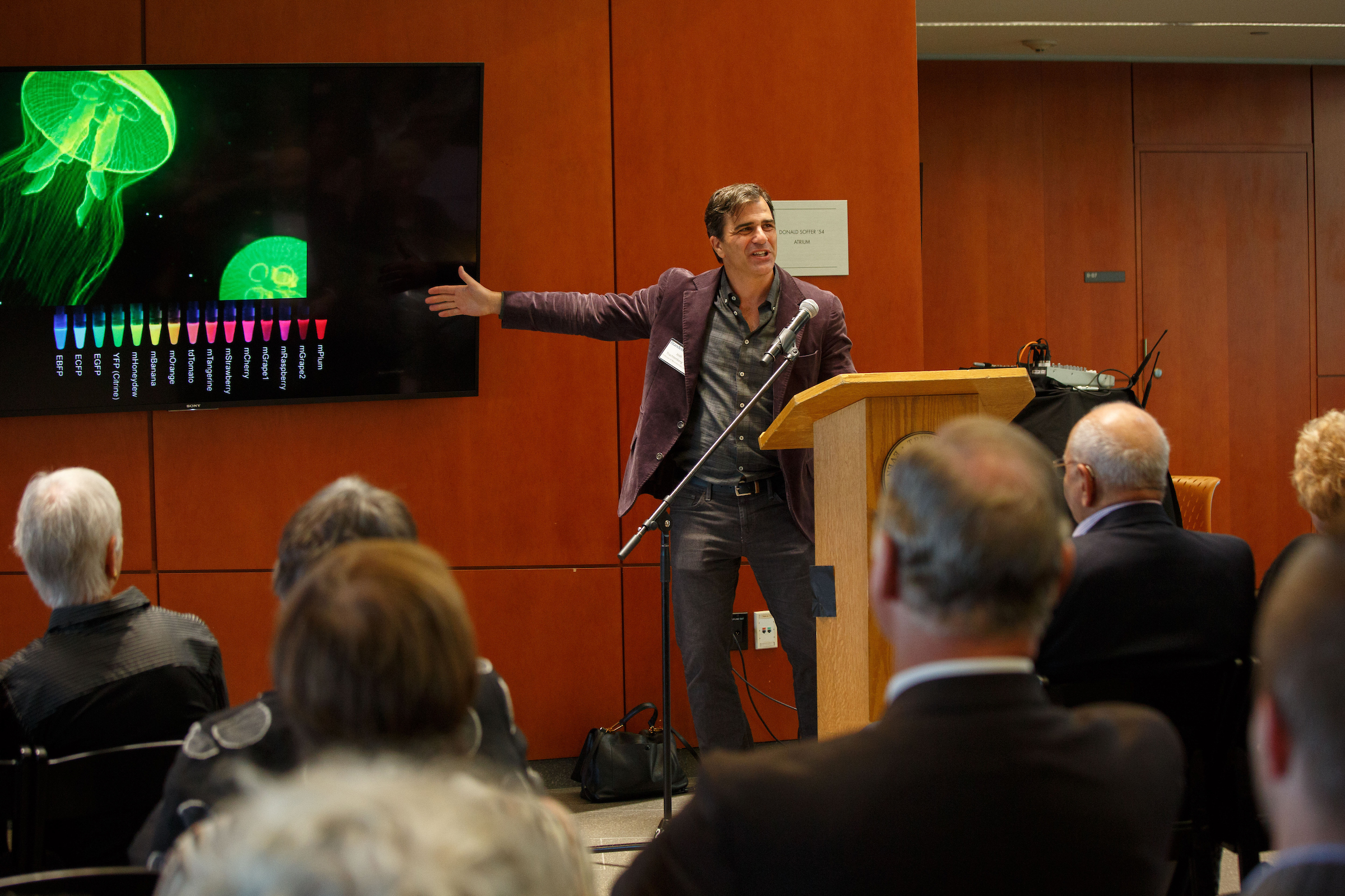 man gestures in front of a projected image and an audience