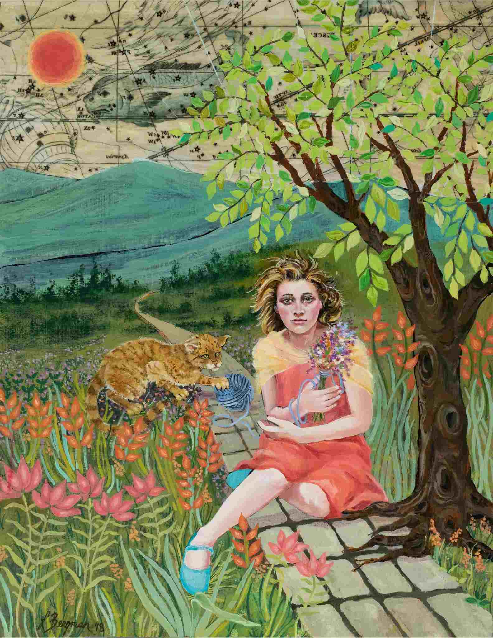 A young woman wearing red sits under a tree holding a bunch of flowers