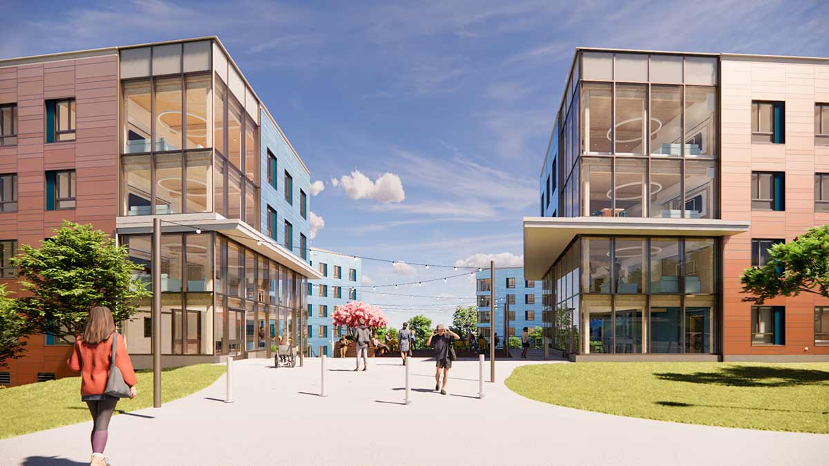 A rendering of the new residence hall. Construction is expected to begin in June 2025.