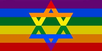 A six-pointed star on a rainbow flag